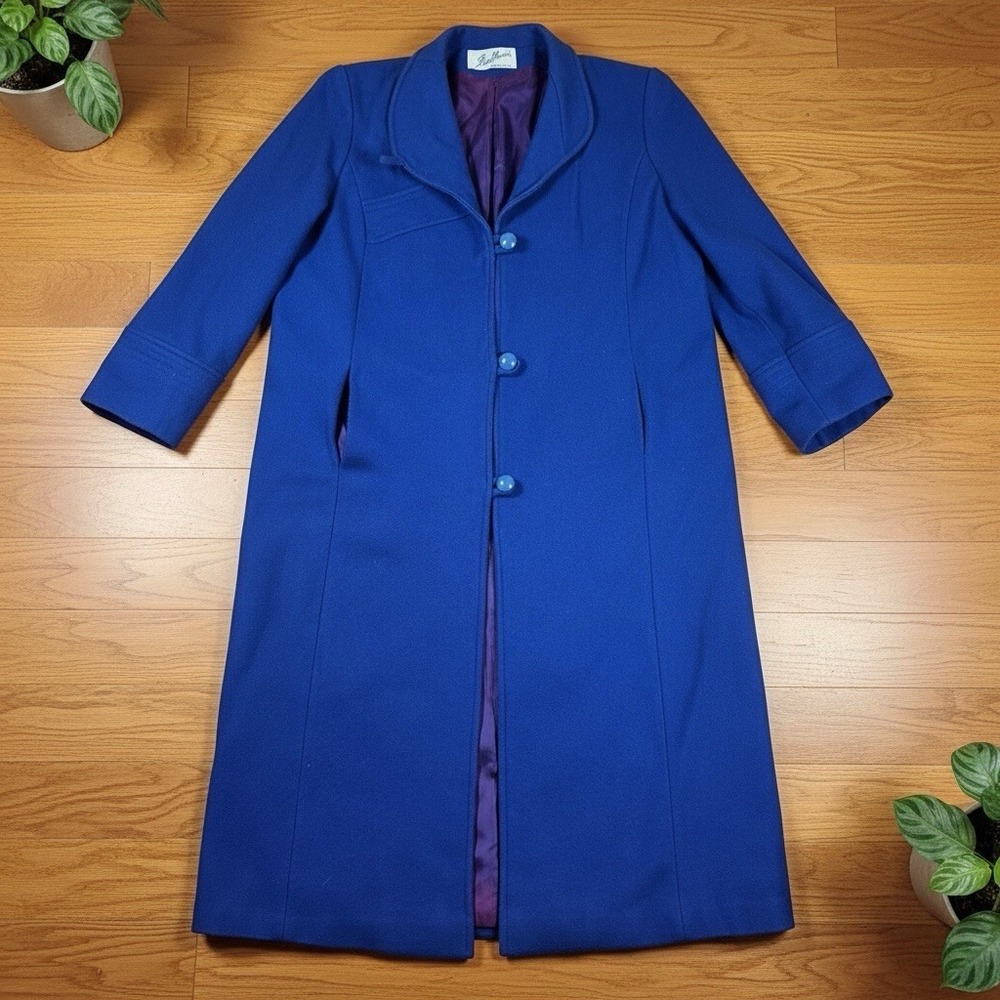 Vintage Beau Brem Coat Womens‎ Size 12 Blue Wool Lined 3/4 Sleeve Made USA 60s